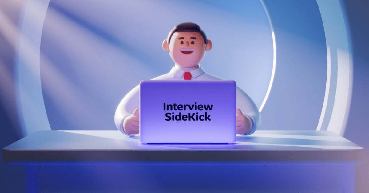 A friendly interviewee wearing a red tie practicing answers confidently in front of a glowing periwinkle laptop with "Interview Sidekick" on the back. The desk is surrounded by soft blue gradients and subtle glitter solids. Sun rays softly illuminate the scene, creating a warm and inviting atmosphere. The design is minimalistic, clean, and sleek, emphasizing the laptop as the central tool for interview preparation.